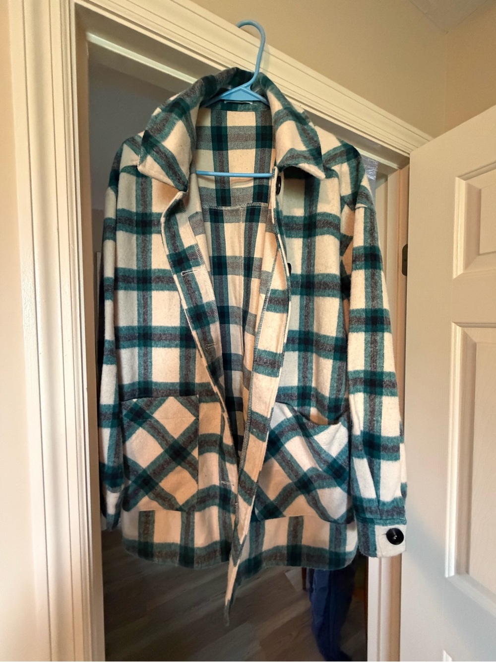 Plaid Open-Front Shacket Jacket in Cream and Teal